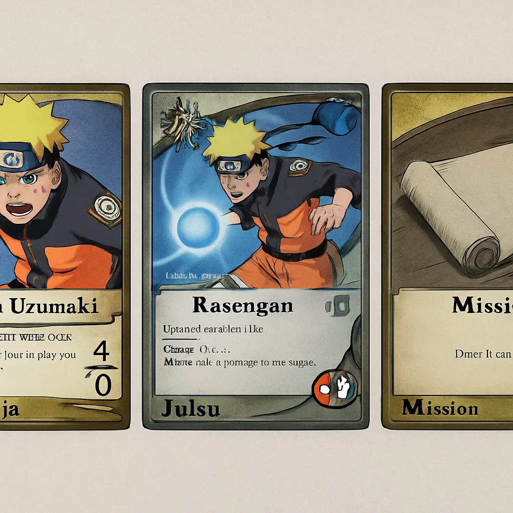 Une image nette, côte à côte, de trois cartes du jeu : une carte Ninja de base 'Naruto Uzumaki', une carte Jutsu 'Rasengan', et une carte Mission simple